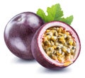 Passion fruit and its cross section with pulpy juice filled with seeds. Clipping path Royalty Free Stock Photo