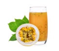 Passion fruit with juice and green leaves isolated on white Royalty Free Stock Photo