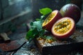 Passion fruit lies on a wooden board. Royalty Free Stock Photo