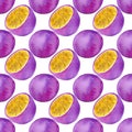 Passion fruit or maracuya. Seamless pattern with fruits - passionfruit. Real watercolor drawing.