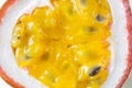 Passion fruit pulp close-up. Royalty Free Stock Photo