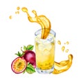 Passion fruit smoothies and splash juice watercolor illustration isolated on white.