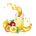 Passion fruit smoothies and splash juice watercolor illustration isolated on white.