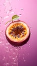 Passion fruit in water splashes. Passion fruit half isolated on light purple background with water drops. Vertical illustration of