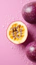 Passion fruit in water splashes. Sliced passion fruit isolated on light purple background with water drops. Vertical illustration Royalty Free Stock Photo