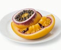 Passion fruit in white plate, cut out on white background