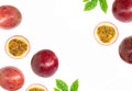Closeup passionfruit  maracuya  or passion fruits and half slice with green leaves isolated on white Royalty Free Stock Photo