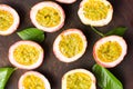 Passion fruit on a wooden board Royalty Free Stock Photo