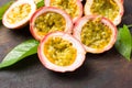 Passion fruit on a wooden board Royalty Free Stock Photo