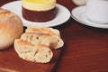 Passion fruits cake, coffee and toast.