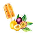 Passion fruits and ice cream watercolor illustration isolated on white. Royalty Free Stock Photo
