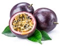 Passion fruits and its cross section with pulpy juice filled with seeds. White background