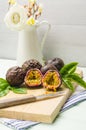 Passion fruits with leaves, knife and white flowers in jar Royalty Free Stock Photo