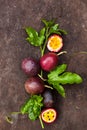 Passion fruits with leaves. Passiflora edulis