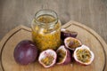 Passion fruits on wooden background Royalty Free Stock Photo