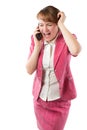 Passionate aggressive business woman talking and cry on mobile phone Royalty Free Stock Photo