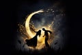 Passionate couple dancing over beautiful crescent moon.