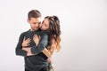 Passionate couple dancing social danse kizomba or bachata or semba or taraxia on white background with copy space Royalty Free Stock Photo