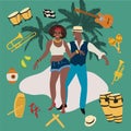 Passionate couple. man and woman dancing salsa, mambo, reggaeton or latin music with tropical background with palm trees