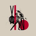 Passionate dance. Young and beautiful couple dancing contemp isolated over gray background with red and black drawn