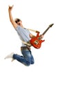 Passionate guitarist jumps isolated on white Royalty Free Stock Photo