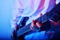 Passionate Guitarist Music Concept Photo. Electric Guitar Playing Closeup Photo. rock music band. Royalty Free Stock Photo