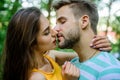 Passionate kiss concept. Giving kiss. Seduction and foreplay. Sensual kiss of lovely couple close up. Couple in love Royalty Free Stock Photo