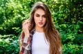 Passionate look. fashion and beauty. sexy woman with long hair. hair health. trendy summer makeup. girl relax outdoor Royalty Free Stock Photo