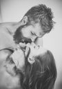 Passionate love. couple in love of bearded man and woman kiss