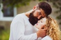 Passionate love. Couple in retro old style. Beautiful young couple waiting to kiss. Passionate man gently kissing Royalty Free Stock Photo