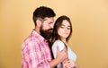 Passionate love. sexy woman and brutal guy with beard. passion couple. couple in love. bearded man hipster with girl