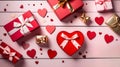 Passionate Love: Valentine\'s Day Flat Lay Concept Featuring Toy Hearts and Gift Boxes on a Wooden Table in Red