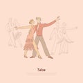 Passionate man and woman performing salsa, young professional performers, dancing school banner Royalty Free Stock Photo