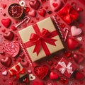 Red Valentines Day Background, Top View Flat Lay with Gift Box and Mixed Hearts. Generative ai for illustrations Royalty Free Stock Photo