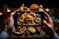 Passionate Person taking photo tasty food. Generate Ai