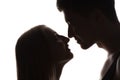 Passionate sensual attractive young couple in love, man caresses woman neck, isolated black and white portrait Royalty Free Stock Photo