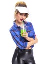 Passionate Caucasian Blond Woman in Checked Shirt and Latex Pants Royalty Free Stock Photo