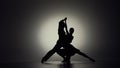 Passionate tango choreography elements performed by pair of ballroom dancers. Black silhouettes of man and woman moving