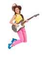 Passionate woman guitarist jumps in the air Royalty Free Stock Photo