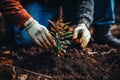 Passionate young gardener planting tree in garden, actively gardening and watering plants