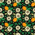 Passionflower passiflora, passion fruit on a black background.Floral seamless pattern with big bright exotic flowers, Royalty Free Stock Photo