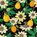 Passionflower passiflora,passion fruit on a black background.Floral seamless