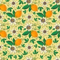 Passionflower passiflora, passion fruit on a yellow background.Floral seamless pattern with big bright exotic flowers,