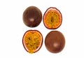 Passionfruit isolated on white background. Whole and cut fresh delicious juicy maracuya passion fruits top view