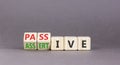 Passive or assertive symbol. Concept words Passive or Assertive on beautiful wooden cubes. Beautiful grey table grey background. Royalty Free Stock Photo