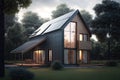 Passive house with solar panels. Green lawn and trees. Evening Royalty Free Stock Photo