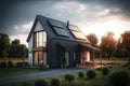 Passive house with solar panels. Green lawn and trees Royalty Free Stock Photo