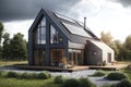 Passive house with solar panels. Green lawn and trees Royalty Free Stock Photo