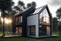 Passive house with solar panels. Green lawn and trees. Setting sun Royalty Free Stock Photo