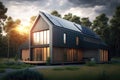 Passive house with solar panels. Green lawn and trees. Setting sun Royalty Free Stock Photo